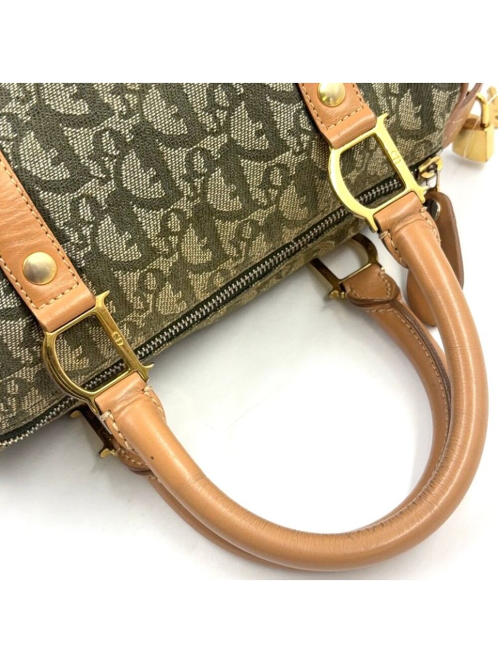 Dior Trotter Mini Leather Canvas Khaki Green Light Brown Boston Bag Gold - Picture 5 of 15
